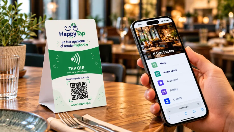 Espositore HappyTap e pagina digitale aperta sullo smartphone
